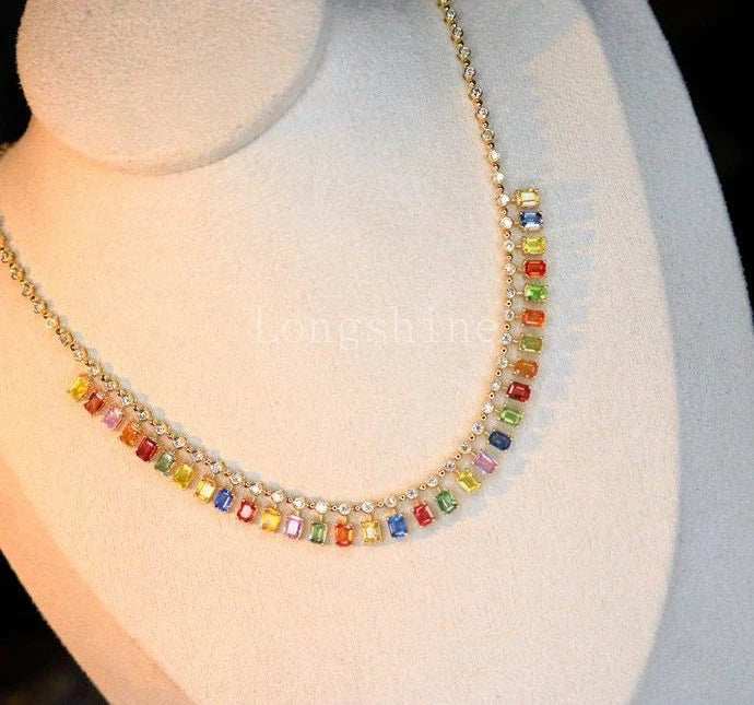 18K gold yellow color chain necklace with multicolored gemstones and adjustable length