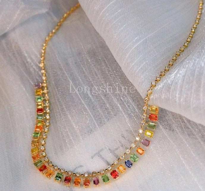 18K gold yellow color chain necklace with multicolored rectangular gemstones