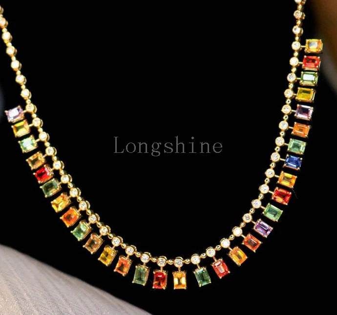 18K gold yellow color chain necklace with multicolor rectangular gemstones and small round crystals