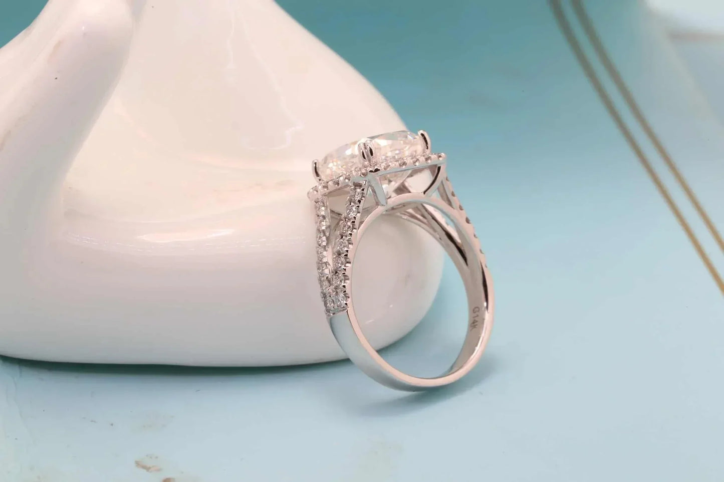 Silver ring with a 5.0ct cushion-cut diamond solitaire and pavé band, Starfire Crown of Avaloria design