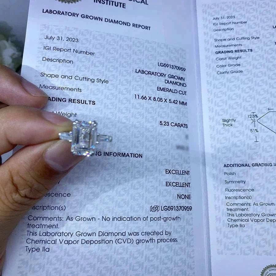 Vow of Eärendil ring with laboratory grown emerald cut diamond and white gold band.