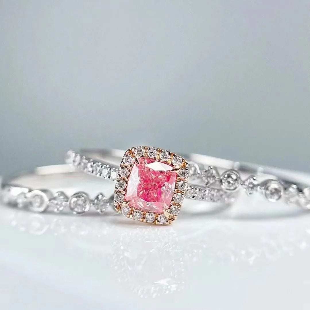 SGARIT Pink Diamond Tree Rings Jewelry 18K White Gold VS 0.52CT Cushion Shape Natural Fancy Pink Diamond Engagement Ring Sets - The Sparkling Squirrels & Co.