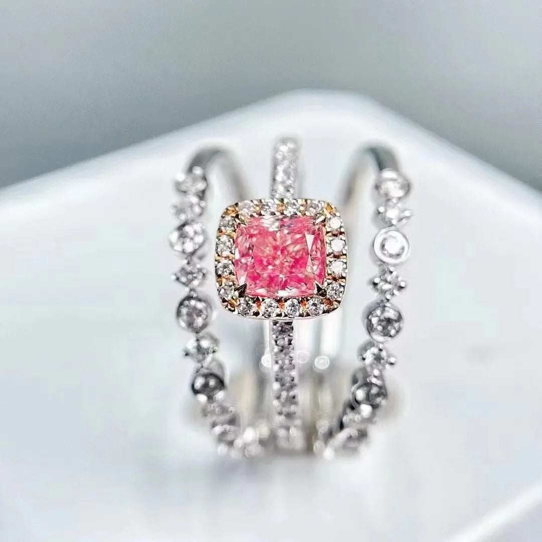 SGARIT Pink Diamond Tree Rings Jewelry 18K White Gold VS 0.52CT Cushion Shape Natural Fancy Pink Diamond Engagement Ring Sets - The Sparkling Squirrels & Co.