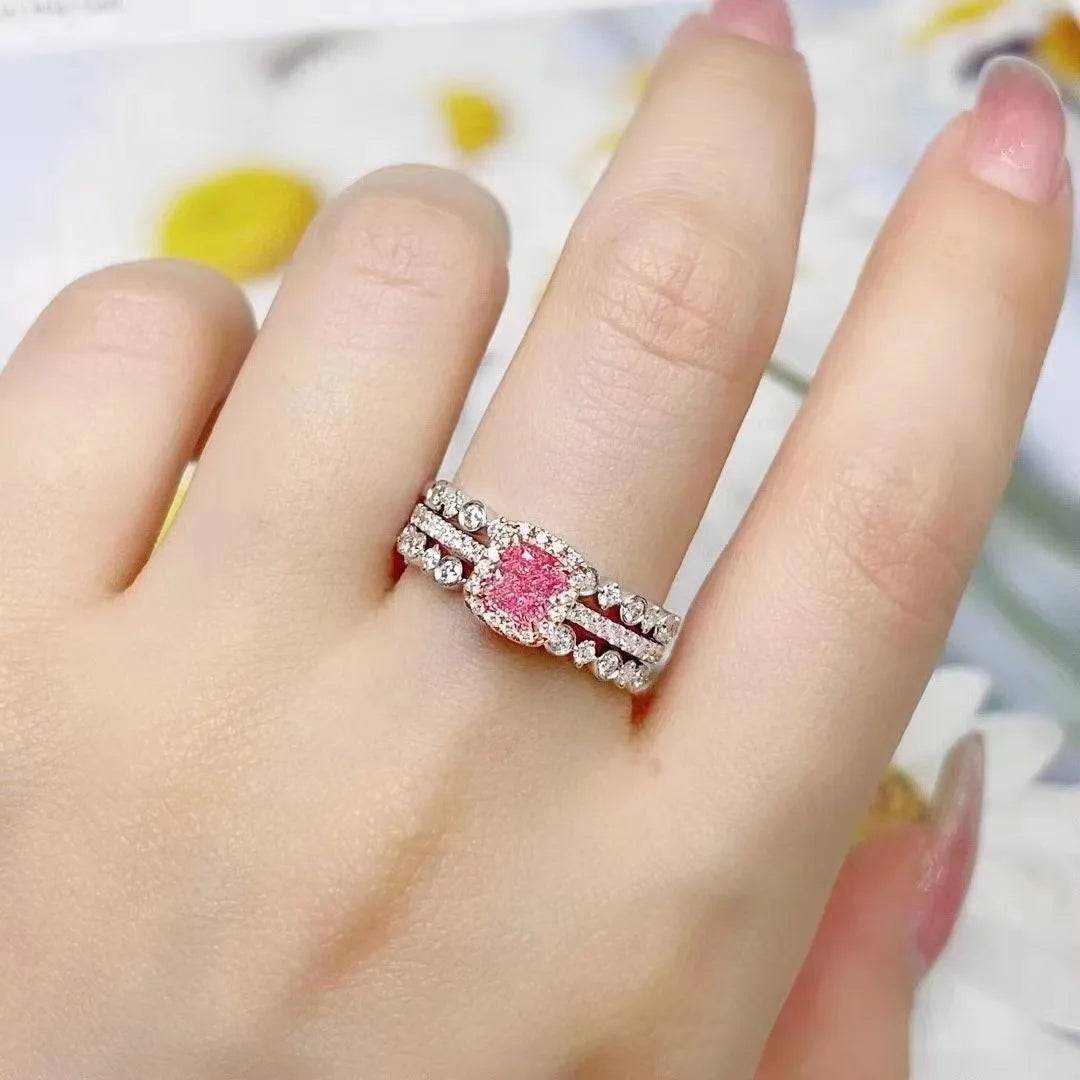 SGARIT Pink Diamond Tree Rings Jewelry 18K White Gold VS 0.52CT Cushion Shape Natural Fancy Pink Diamond Engagement Ring Sets - The Sparkling Squirrels & Co.