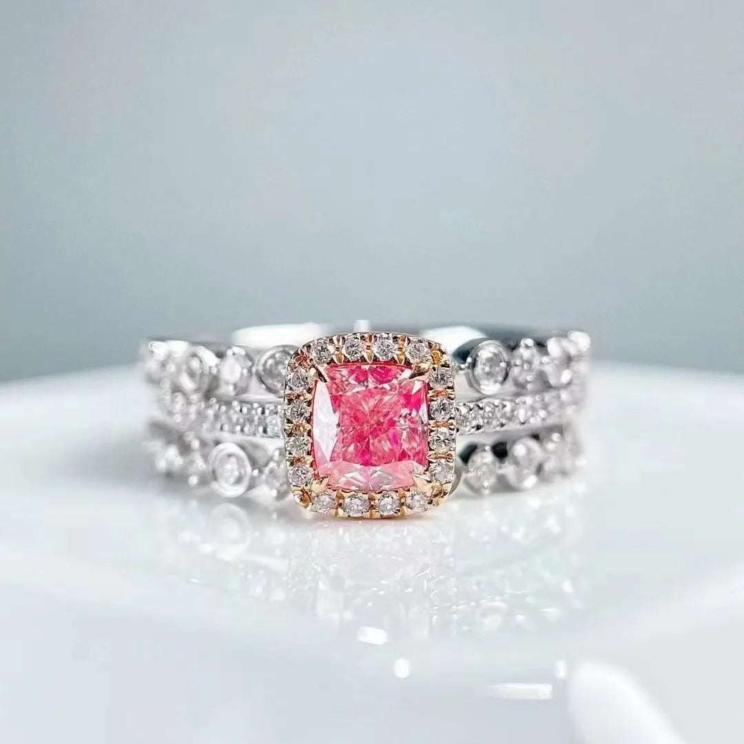 SGARIT Pink Diamond Tree Rings Jewelry 18K White Gold VS 0.52CT Cushion Shape Natural Fancy Pink Diamond Engagement Ring Sets - The Sparkling Squirrels & Co.