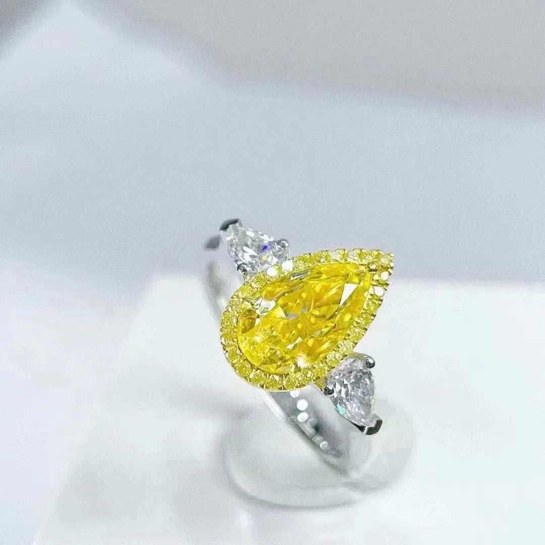 SGARIT Wholesale Jewelry Custom Diamond Ring 18K White Gold 1.37CT Pear Cut VS Fancy Yellow Three Stone Natural Diamond Ring - The Sparkling Squirrels & Co.