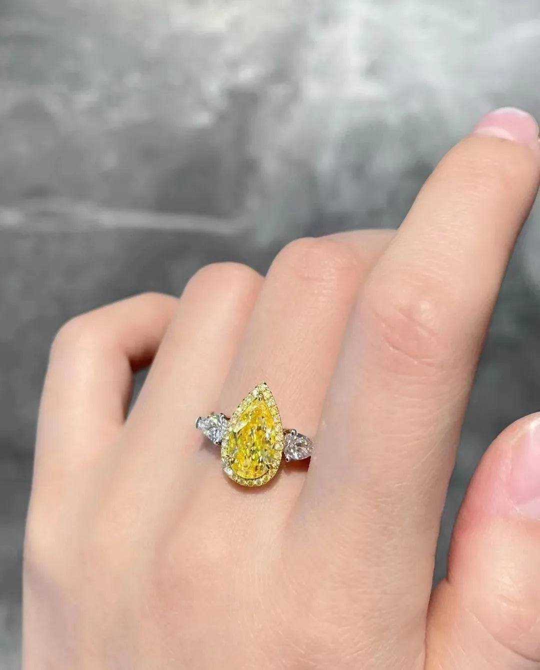 SGARIT Wholesale Jewelry Custom Diamond Ring 18K White Gold 1.37CT Pear Cut VS Fancy Yellow Three Stone Natural Diamond Ring - The Sparkling Squirrels & Co.