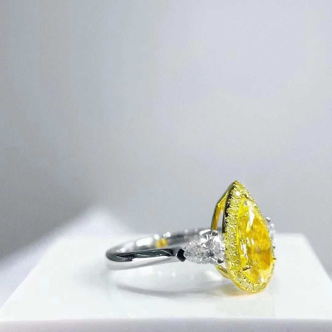 SGARIT Wholesale Jewelry Custom Diamond Ring 18K White Gold 1.37CT Pear Cut VS Fancy Yellow Three Stone Natural Diamond Ring - The Sparkling Squirrels & Co.