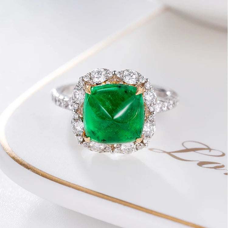 18k Gold Ring Classic Fashion Natural Emerald Diamond Gemstone Halo Wedding Engagement Ring for Women Fine Jewelry - The Sparkling Squirrels & Co.