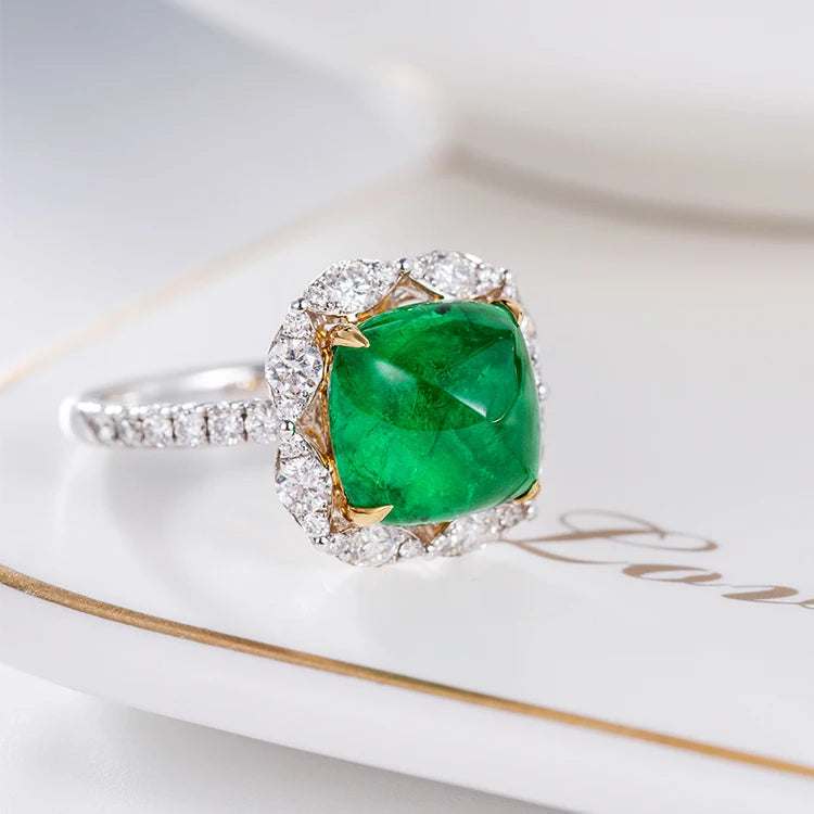 18k Gold Ring Classic Fashion Natural Emerald Diamond Gemstone Halo Wedding Engagement Ring for Women Fine Jewelry - The Sparkling Squirrels & Co.