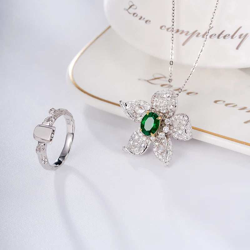 Luxury Recycled 18ct Gold Natural Emerald and Diamond Ring and Pendant Flower Shape Designs Real 18k Gold Finger Ring for Girl - The Sparkling Squirrels & Co.