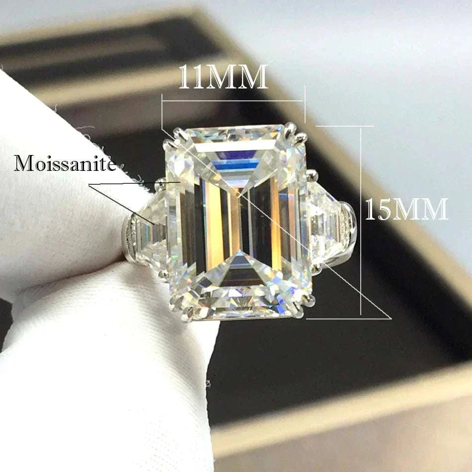 Close-up of Celestial Flame of the Archmage ring featuring a large emerald-cut 10ct moissanite gemstone set in 18K gold.