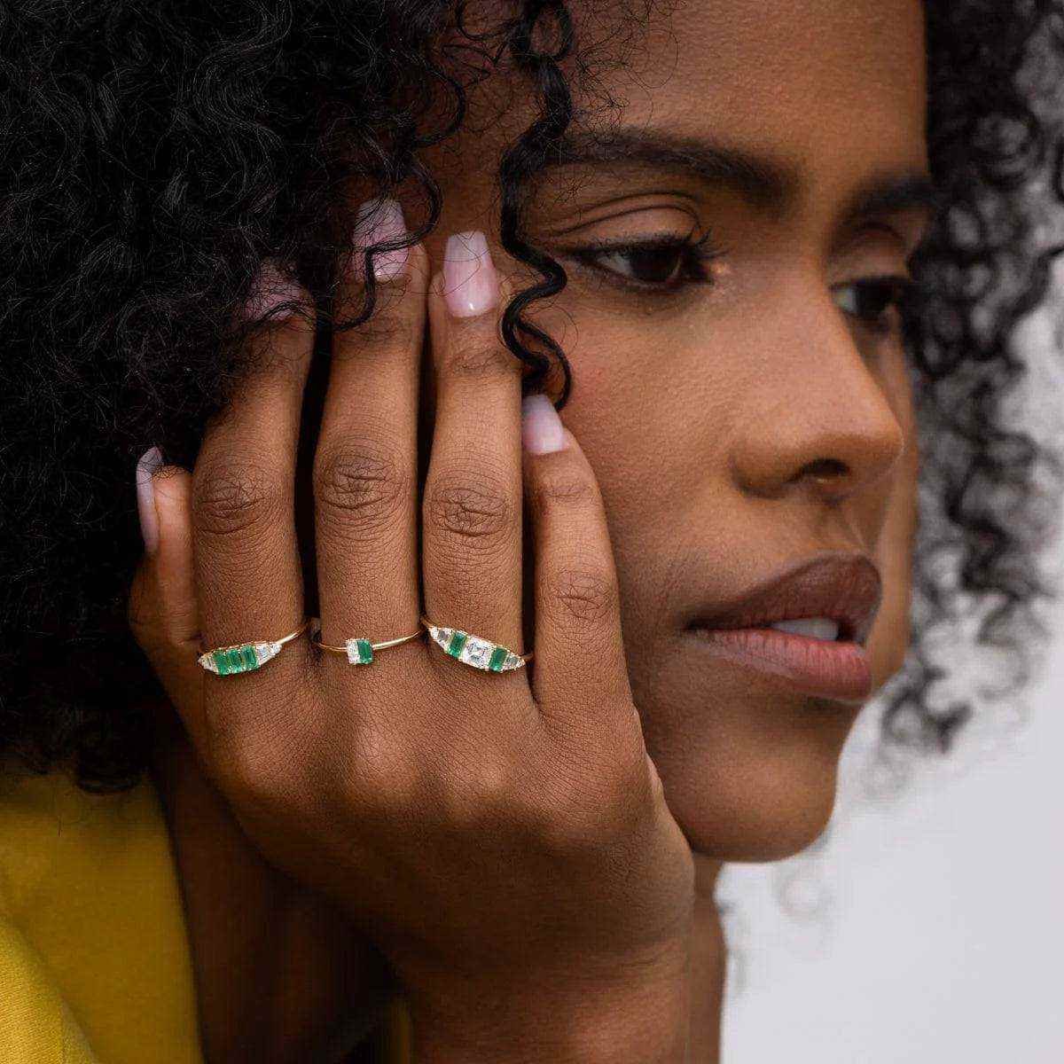14k yellow gold Hall of Emerald Ring with natural diamonds and emeralds.