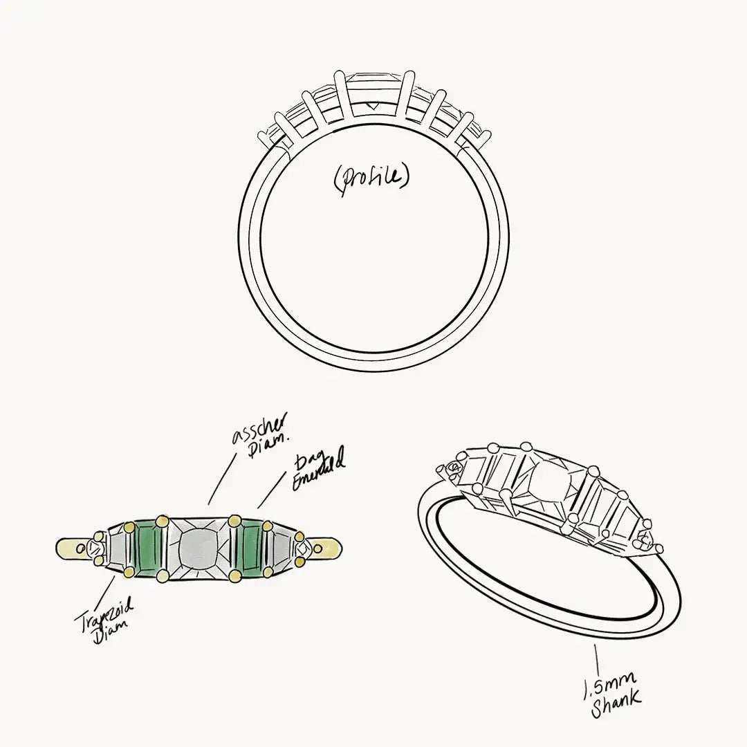 Diagram of Hall of Emerald Ring with Asscher-cut diamond and emeralds on 14k yellow gold.