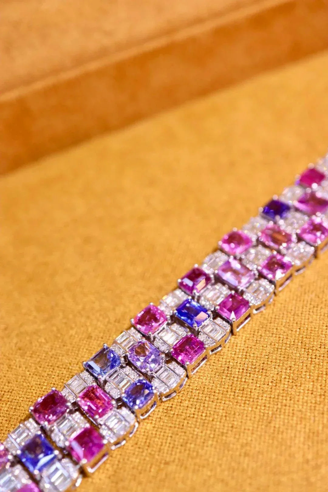 18K gold bracelet with pink and blue sapphires, The Rosefire Legacy enchantment design
