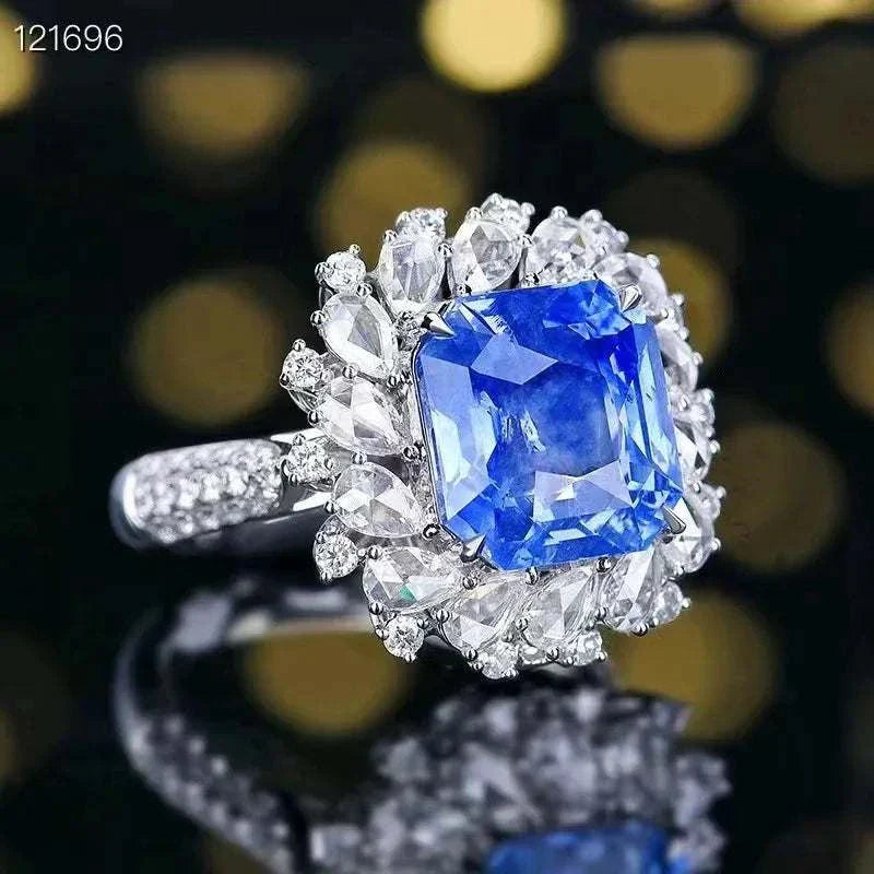 18K gold set ring with 8.24 carat Sri Lanka natural royal sapphire and large diamonds halo for women