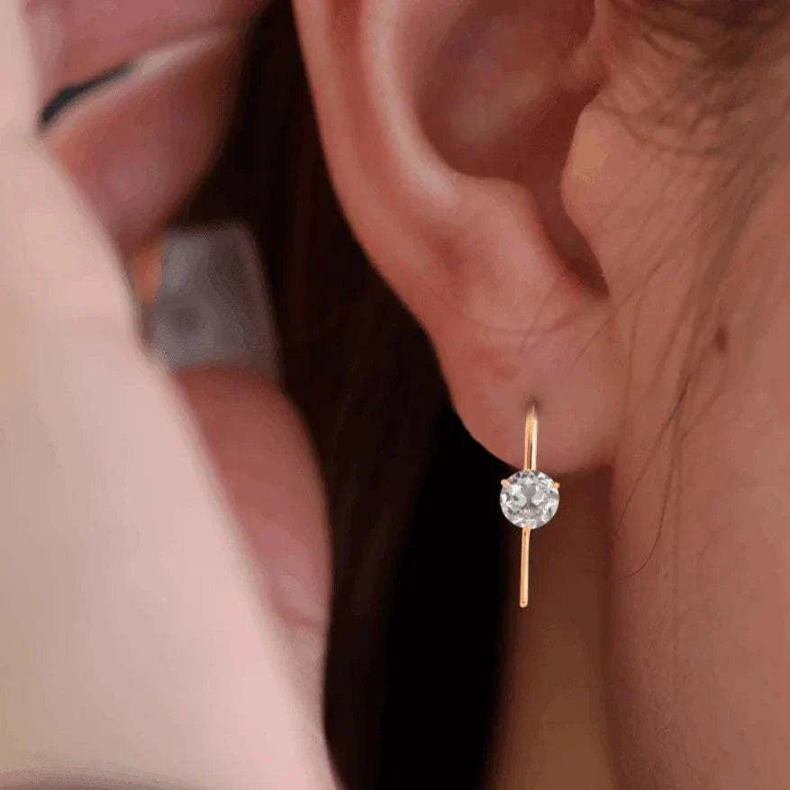 14K 18k yellow gold slender elder mine cut lab diamond lever earrings on ear