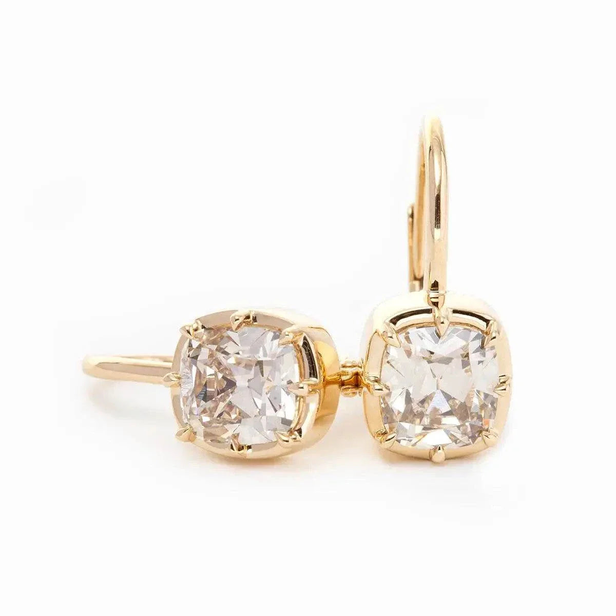14K 18k yellow gold slender elder mine cut lab diamond lever earrings with 3ct stones