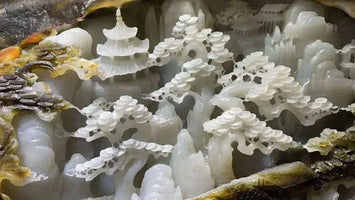 30000g exquisite Chinese nephrite jade handcarved landscape statue with intricate trees and pagoda design