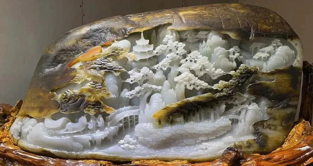 Handcarved 30000g exquisite Chinese natural nephrite jade landscape statue with intricate details