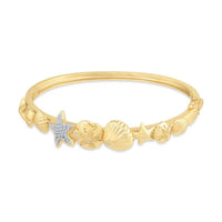 14kt yellow gold Diamond Shell Bangle with seashell and starfish designs accented by white gold and diamonds