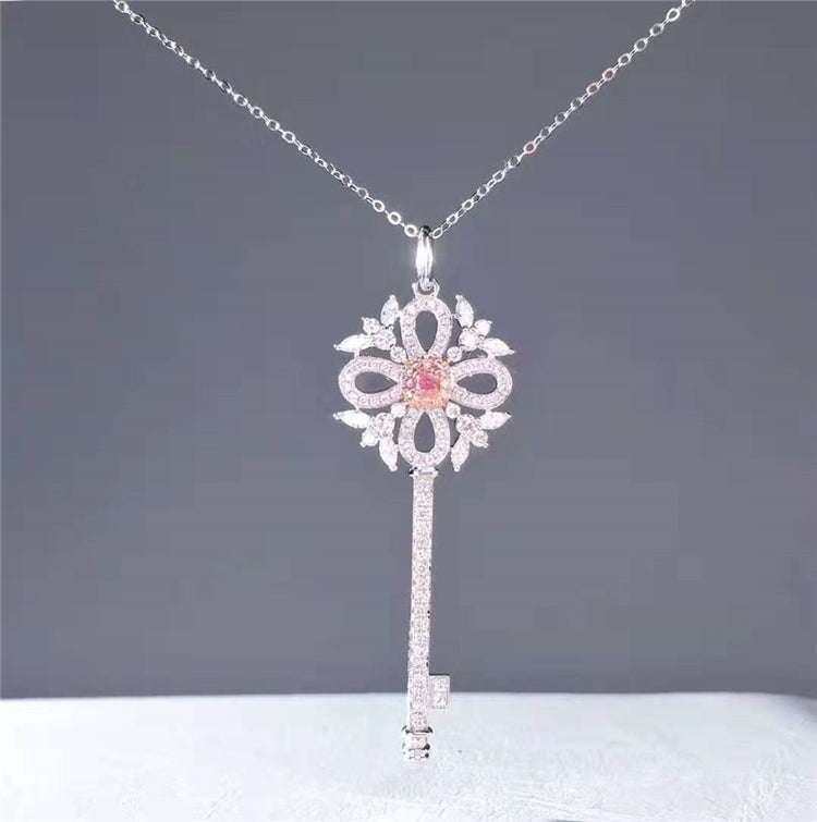 0.13ct natural pink diamond key pendant necklace in 18k gold with delicate chain