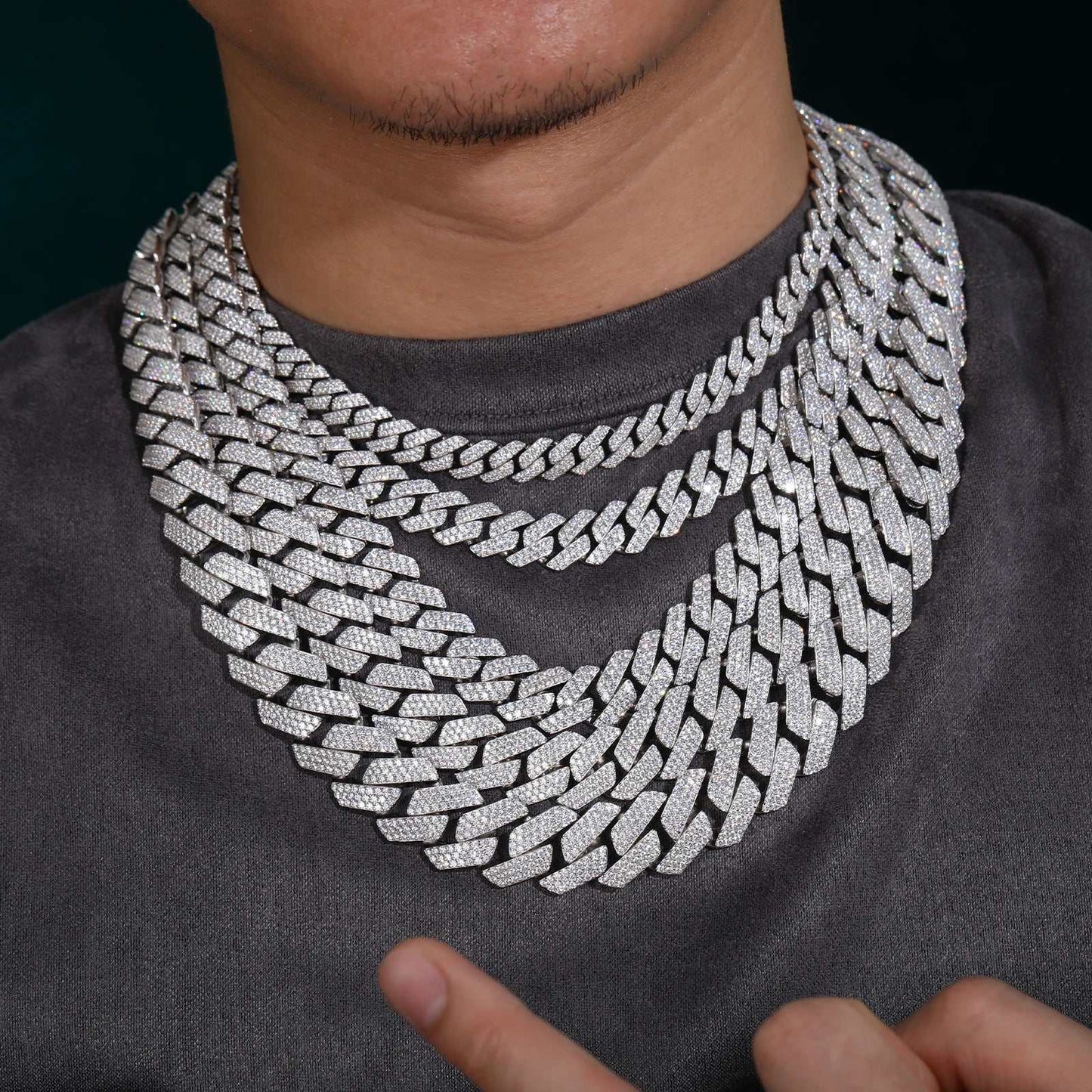 925 Sterling Silver VVS Moissanite Cuban Link Chain Iced Necklace on model