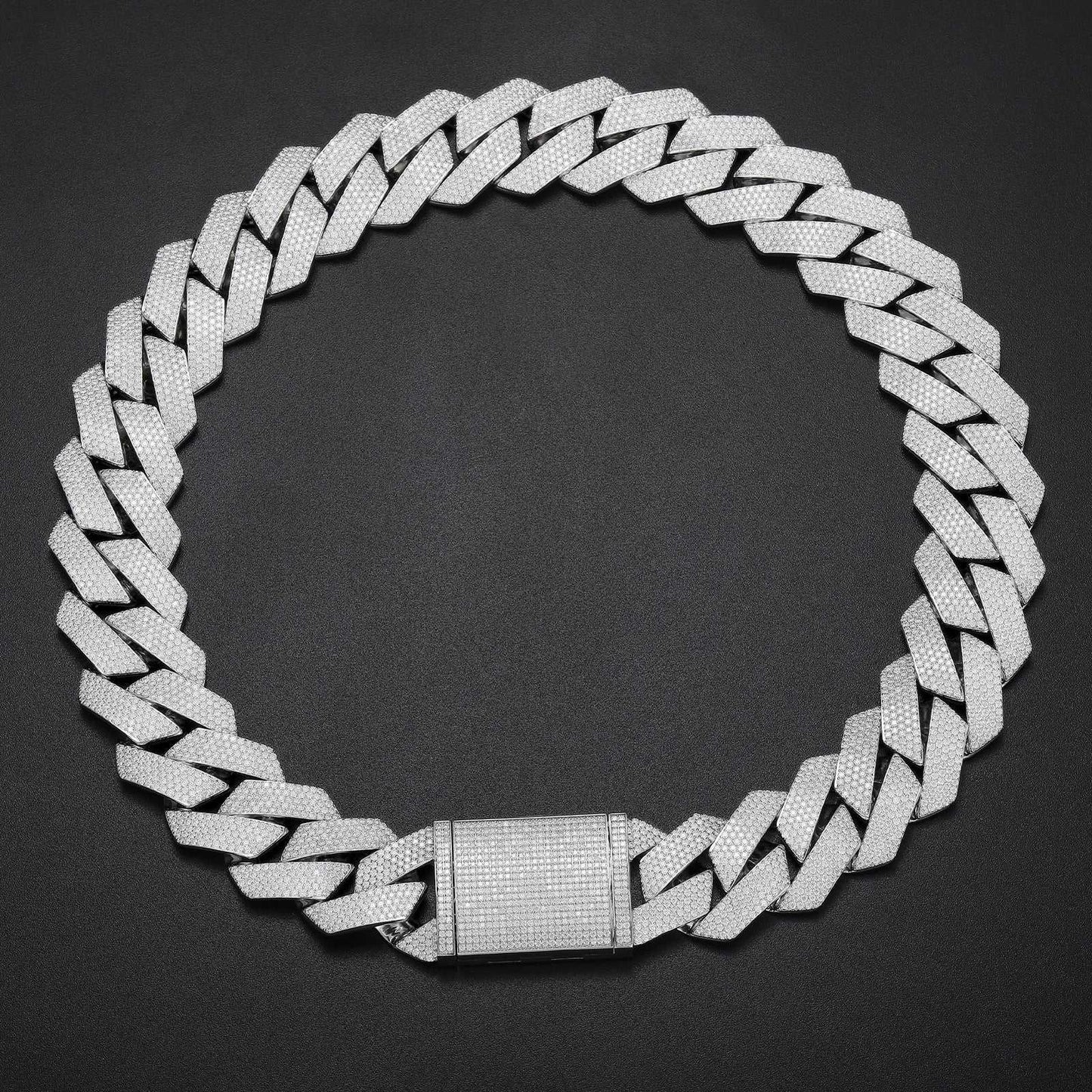 925 sterling silver Cuban link chain necklace with VVS moissanite stones, hip hop iced design.