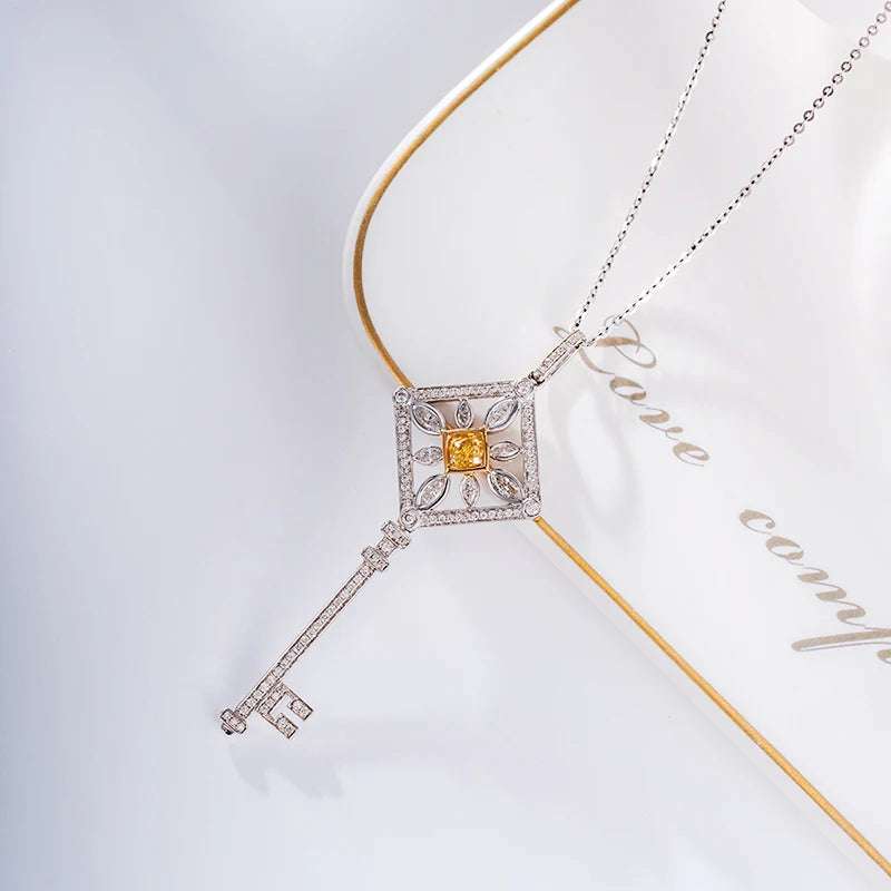 Custom Key Pendant 18K gold bezel setting Christmas jewelry for women on silver chain