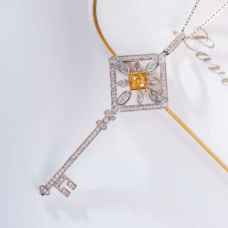 Custom Key Pendant bezel setting in 18k gold with yellow gemstone and diamonds for women Christmas jewelry