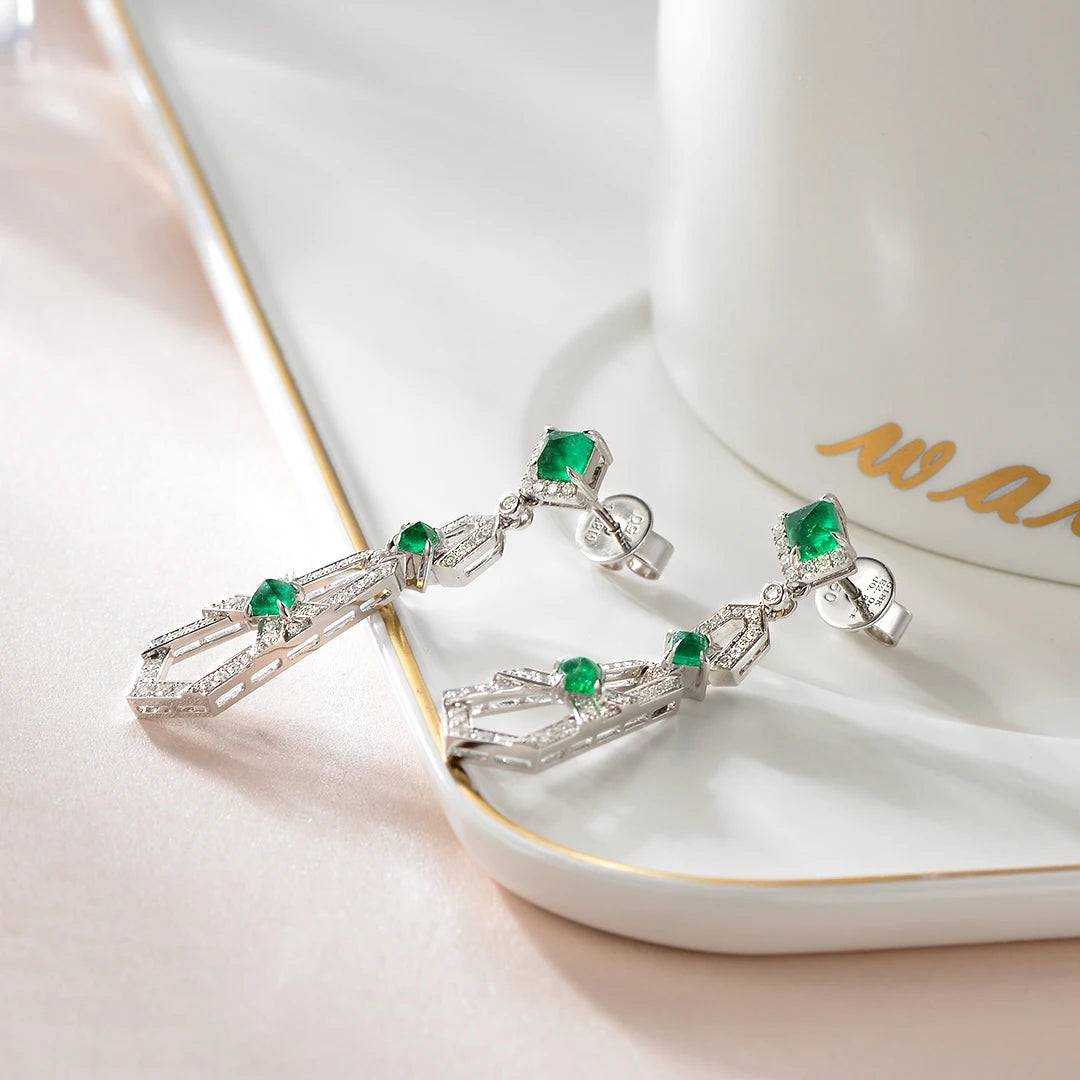 Natural Emerald Gemstone Real 18k Gold White Diamond Luxury Drop Earring for Women - The Sparkling Squirrels & Co.