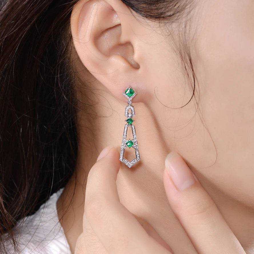 Natural Emerald Gemstone Real 18k Gold White Diamond Luxury Drop Earring for Women - The Sparkling Squirrels & Co.