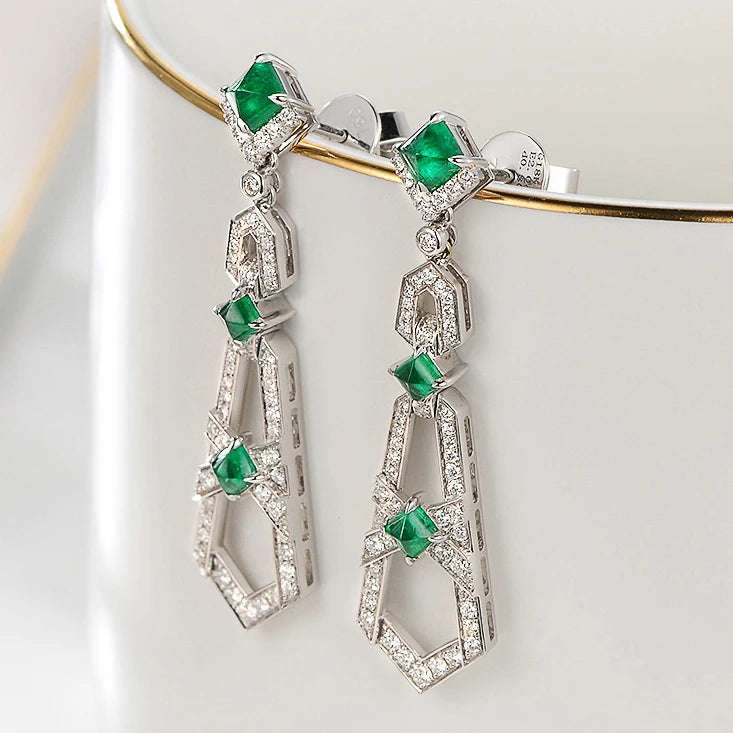 Natural Emerald Gemstone Real 18k Gold White Diamond Luxury Drop Earring for Women - The Sparkling Squirrels & Co.