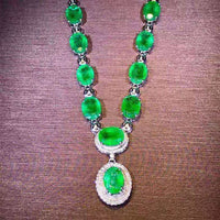Saudi Arabia luxury jewelry 18k white gold necklace with natural green emerald gemstones and diamond accents