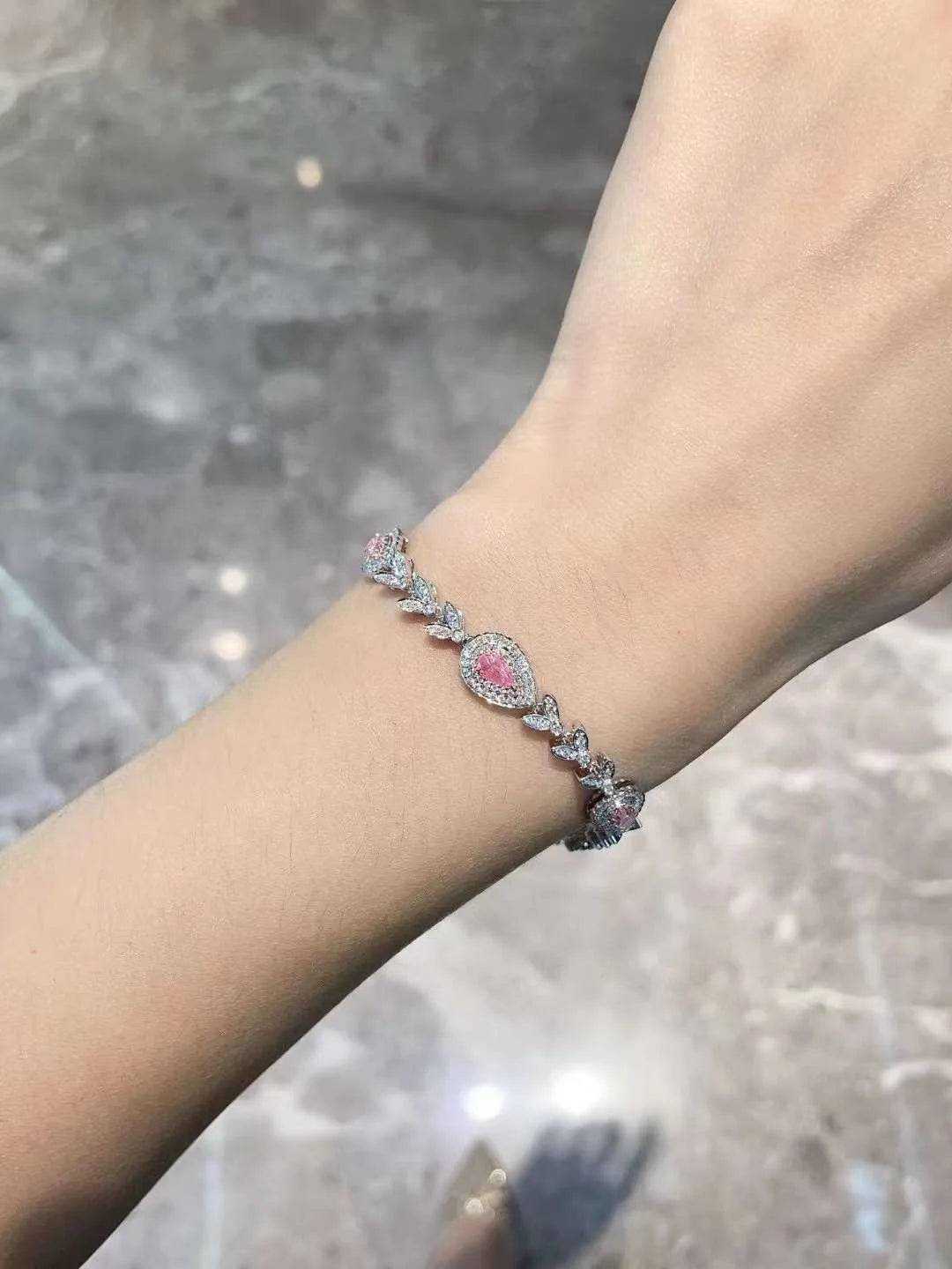 SGARIT Jewelry 18K Gold Bracelet Real Diamond 1CT VS Pear Cut Fancy Pink Natural Diamond White Gold Cute Chain Bracelet for Girl - The Sparkling Squirrels & Co.