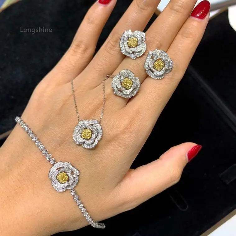Valentine Love Serial Rose Jewelry Set featuring diamond-encrusted rose motifs on ring, earrings, bracelet, and necklace