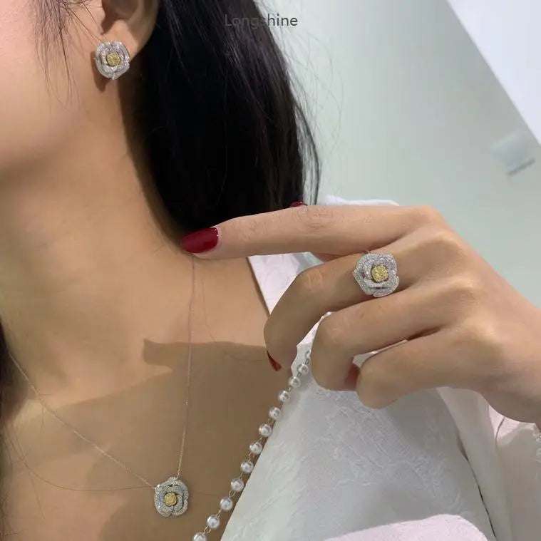 Elegant Valentine Love Serial Rose Jewelry Set with 18K gold, natural diamonds, rose motifs on ring, earrings, and necklace worn by model