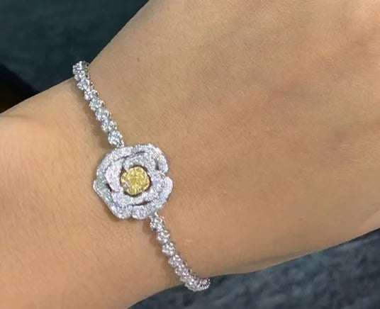 Valentine Love Serial Rose Jewelry Set featuring a diamond rose bracelet with yellow center stone on a delicate diamond chain.