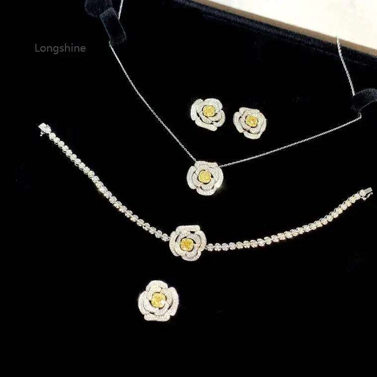 Valentine Love Serial Rose Jewelry Set with 18K gold and natural diamonds featuring rose motifs including earrings, necklace, bracelet, and ring on black background