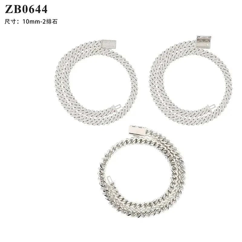 Silver 10mm Cuban link bracelet and necklace set with rhombus design and zircon inlay, Diamond Hair Cross-Border style