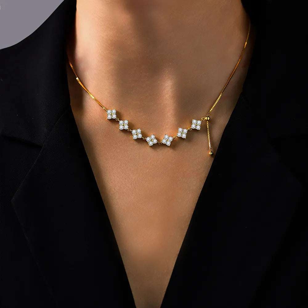 D-Color Moissanite bridal necklace with sterling silver and gold pendant worn on neck