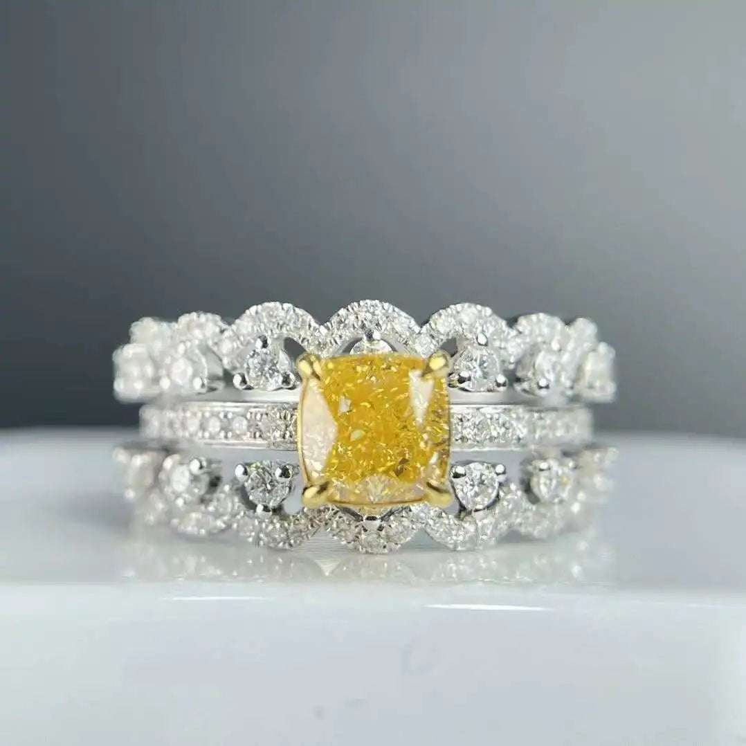 SGARIT Fine Jewelry 18k Yellow Gold 1.005CT Fancy Yellow Natural Diamond Ring Cushion Cut Diamond for Women Wedding Ring - The Sparkling Squirrels & Co.