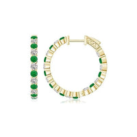 Mixed Diamond Inside Out 14k gold hoop earrings with alternating green gemstones and diamonds