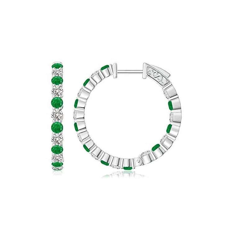 Mixed Diamond Inside Out 14k gold hoop earrings with alternating diamonds and green gemstones