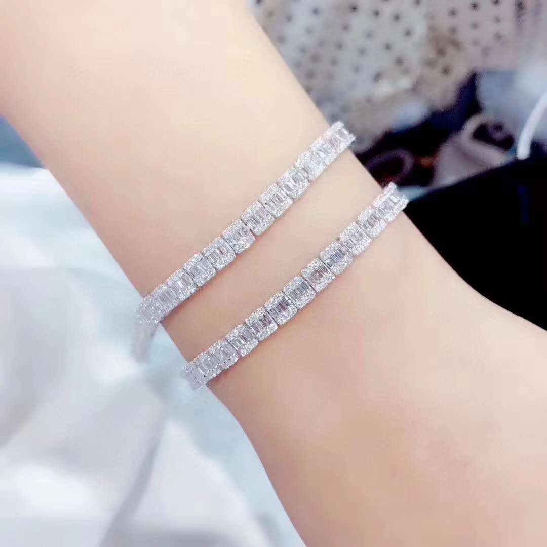 Natural Diamond Iced Out tennis bracelet in 18K solid gold with sparkling diamonds on wrist
