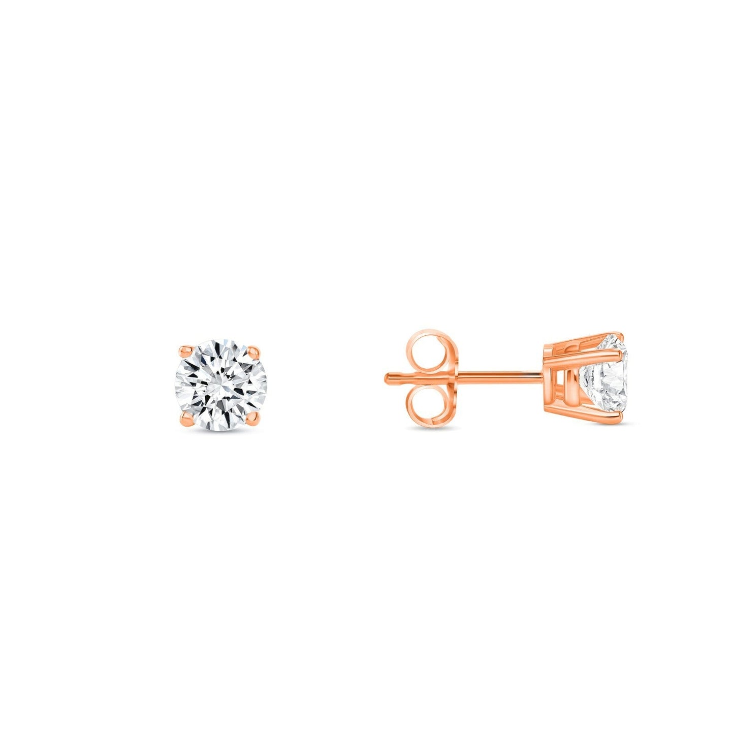 3/4 Ct round lab grown diamond stud earrings set in 14K rose gold with push back closure