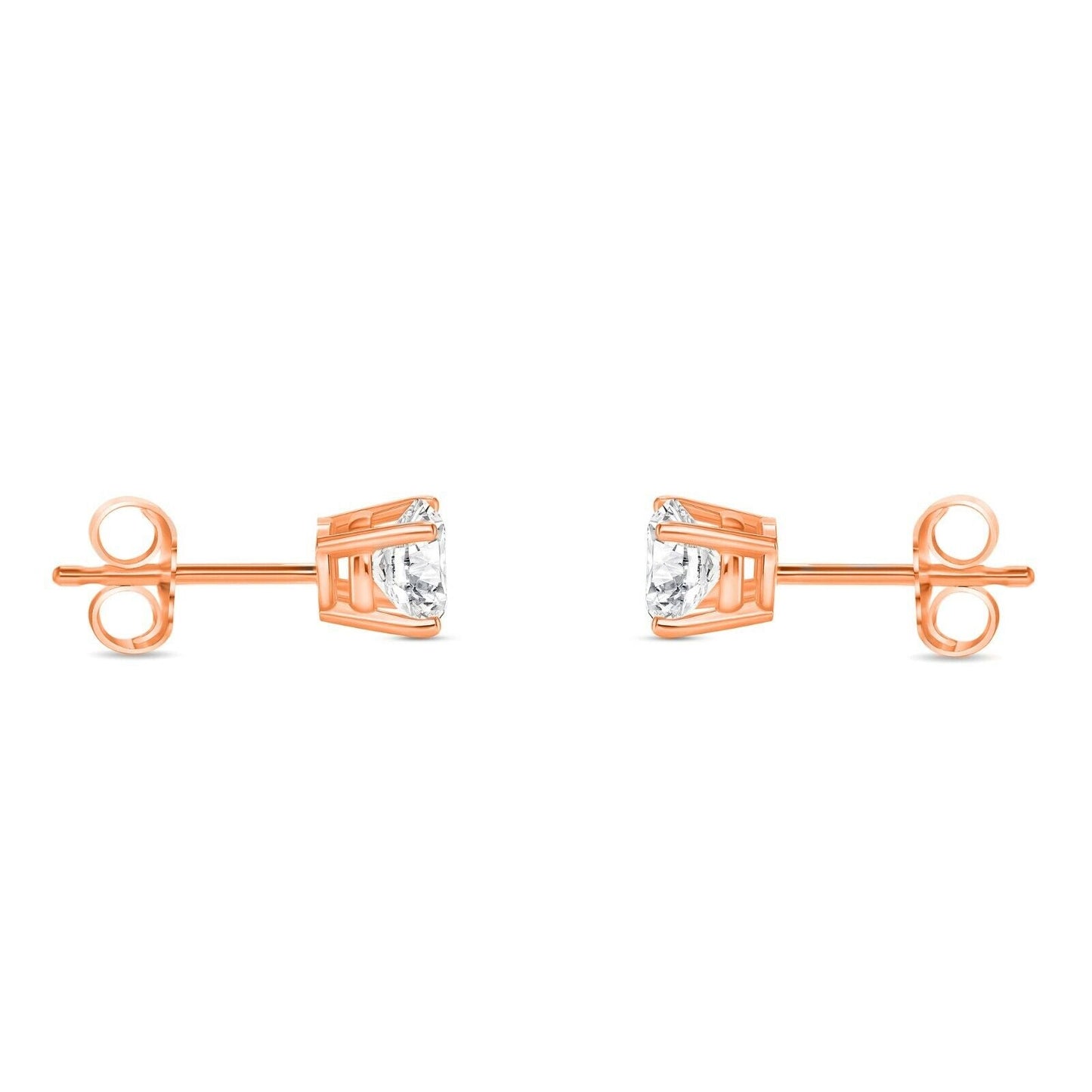Pair of 3/4 Ct round lab grown diamond stud earrings in 14K rose gold with 4-prong basket setting and push backs