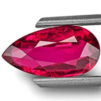 GIA certified 2.02 carat natural untreated neon purplish red pear-shaped Mozambique ruby gemstone held by tweezers