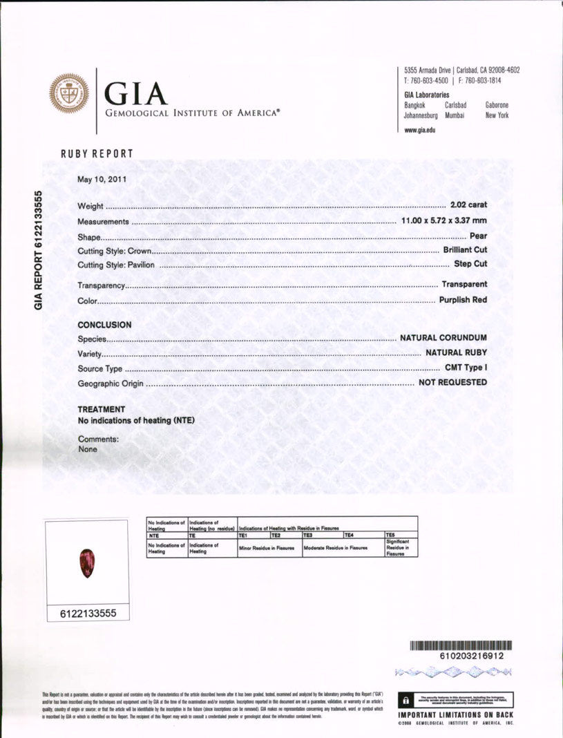 GIA certified 2.02 carat natural untreated neon purplish red pear-shaped Mozambique ruby certificate