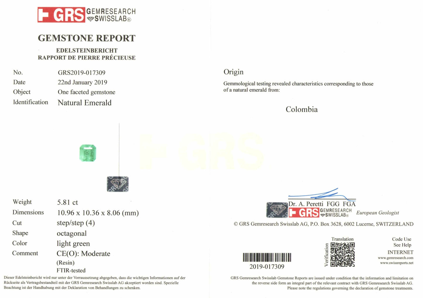 GRS Certified COLOMBIA Emerald 5.81 Cts Natural Lustrous Green Octagonal